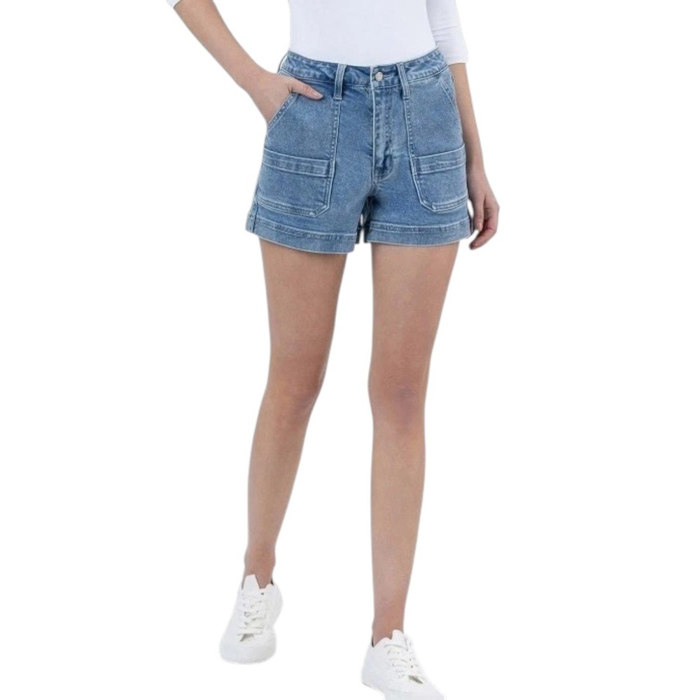 Vervet Blue Sienna Denim Shorts Womens L Blue Super High Rise Patch Pocket NEW